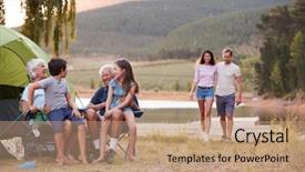  Presentation with generation family farm - PPT theme featuring multi generation family on camping background and a coral colored foreground
