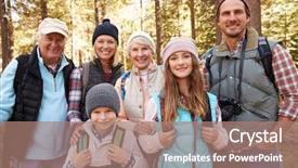  Presentation with hike forest - PPT layouts with multi generation family on forest hike waist up portrait background and a coral colored foreground