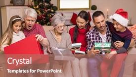  Presentation with living room family - Amazing PPT layouts having multi generation family opening gifts on sofa at home in the living room backdrop and a coral colored foreground