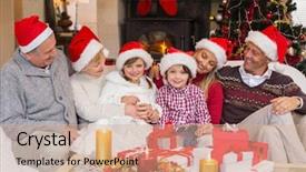  Presentation with living room family - Slide deck featuring multi generation family sitting on a couch during christmas at home in the living room background and a coral colored foreground