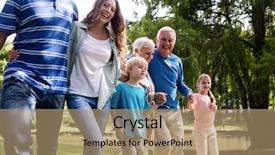  Presentation with walking together - Slide deck featuring multi-generation family walking together in the park on a sunny day background and a coral colored foreground