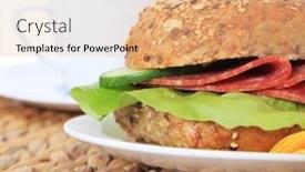  Presentation with roll - PPT theme having multi-grain-roll-with-salami background and a coral colored foreground