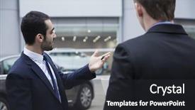  Presentation with car body repairer holding - PPT theme featuring multi mode - car salesman holding car keys background and a dark gray colored foreground