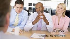  Presentation with interview - Slide set with multi panels - stock traders conducting interview background and a coral colored foreground