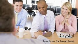  Presentation with interview - PPT theme having multi panels - stock traders conducting interview background and a coral colored foreground