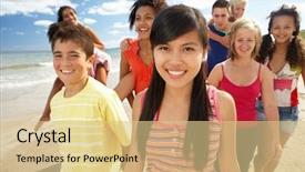  Presentation with racial - Beautiful presentation theme featuring multi racial group - teenagers walking on beach backdrop and a  colored foreground