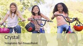  Presentation with group of three young girl - Presentation theme with multi racial group - three young girl friends outdoors background and a soft green colored foreground