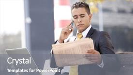  Presentation with newspaper laptop - Amazing PPT theme having multi tasking - businessman seated in a bench backdrop and a  colored foreground
