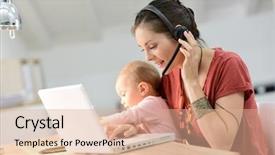  Presentation with busy - Theme enhanced with multi tasking - busy businesswoman working with baby background and a coral colored foreground