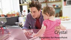  Presentation with daughter - Slide deck featuring multi tasking - father with young daughter using background and a coral colored foreground