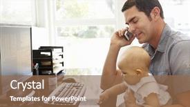  Presentation with home office - PPT theme having multi tasking - hispanic father with baby working background and a coral colored foreground