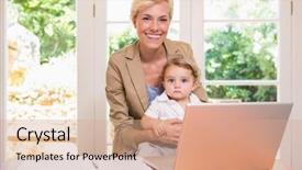  Presentation with laptop - Slide deck having multi tasking - smiling of pretty blonde woman background and a coral colored foreground