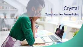  Presentation with stressed - Cool new slide deck with multi tasking - stressed fashion-designer thinking over new backdrop and a sky blue colored foreground