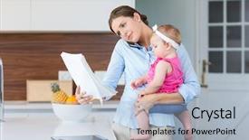 Presentation with home documents - Audience pleasing slides consisting of multi tasking - woman reading documents while carrying backdrop and a light blue colored foreground