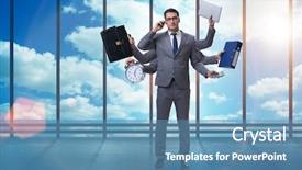  Presentation with multi - Colorful slides enhanced with multi tasking - young businessman in multitasking concept backdrop and a teal colored foreground