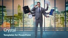  Presentation with multi - Colorful presentation theme enhanced with multi tasking - young businessman in multitasking concept backdrop and a ocean colored foreground