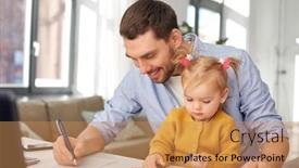  Presentation with home office - Presentation theme enhanced with multi-tasking freelance and fatherhood concept - working father with baby daughter at home office background and a coral colored foreground