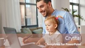  Presentation with home office - Amazing PPT theme having multi-tasking freelance and fatherhood concept - working father with baby daughter and laptop computer at home office backdrop and a coral colored foreground