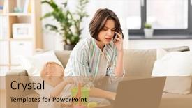  Presentation with working mother - Colorful slide set enhanced with multi-tasking freelance and motherhood backdrop and a  colored foreground