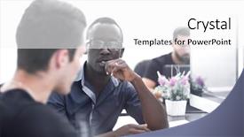  Presentation with employees - PPT theme enhanced with multiagent - employees sitting at the desk background and a  colored foreground