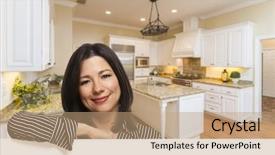  Presentation with custom - Presentation design with multiagent - hispanic woman leaning against white background and a  colored foreground