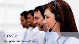  Presentation with customer service excellence - Slides consisting of multiagent - multi-ethnic customer service agents background and a sky blue colored foreground