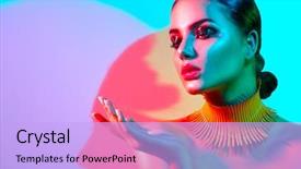 Presentation with party lights - Theme featuring multicolor - high fashion model woman portrait background and a light blue colored foreground