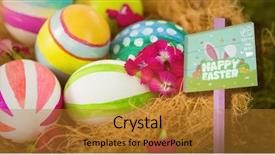  Presentation with white easter lily flowers - Colorful presentation design enhanced with multicolor arrows - easter egg hunt sign backdrop and a gold colored foreground