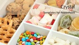  Presentation with multicolor - Colorful theme enhanced with multicolor candies and cookies in white wooden box close up backdrop and a coral colored foreground