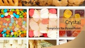  Presentation with multicolor - Slide deck consisting of multicolor candies and cookies in white wooden box close up background and a yellow colored foreground