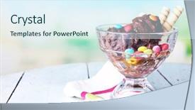  Presentation with chocolate ice cream - PPT theme having multicolor candies and wafer roll background and a sky blue colored foreground