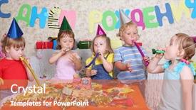  Presentation with happy birthday cake - Cool new slides with multicolor party blowers at birthday backdrop and a coral colored foreground