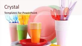  Presentation with tableware - Presentation design with multicolored plastic tableware isolated background and a sky blue colored foreground