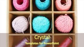  Presentation with thread - Slide set consisting of multicolored skeins of thread in wooden box isolated on white background and a tawny brown colored foreground