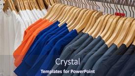  Presentation with hang - Amazing PPT theme having multicolored t-shirts on hang for sale in shop close-up backdrop and a ocean colored foreground