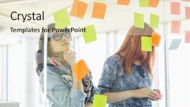  Presentation with sticky notes - Beautiful presentation featuring multicolored work together - creative businesswomen reading sticky notes backdrop and a lemonade colored foreground