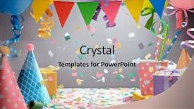  Presentation with colorful celebration - Amazing presentation theme having multicolour - colorful hats flag garland balloons backdrop and a light gray colored foreground