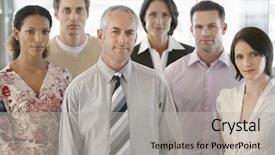  Presentation with five business people standing together and smiling - Presentation design featuring multicultural babies - group of confident multiracial business background and a light gray colored foreground