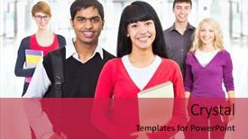  Presentation with racial group high school students - Beautiful presentation design featuring multicultural books - group of happy students backdrop and a  colored foreground