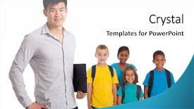  Presentation with school kids - Beautiful PPT theme featuring multicultural books - smiling male teacher and young backdrop and a white colored foreground