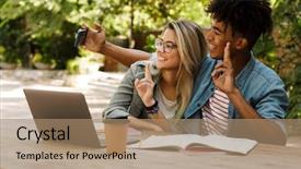  Presentation with good things sometimes take time - PPT theme having multicultural books - smiling young multiethnic couple spending background and a coral colored foreground