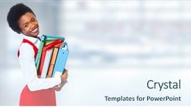  Presentation with african american in business - Colorful PPT theme enhanced with multicultural books - young african business woman backdrop and a sky blue colored foreground