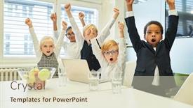  Presentation with team kids - Cool new PPT layouts with multicultural-business-kids-team-celebrates backdrop and a soft green colored foreground