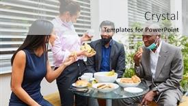  Presentation with multicultural - PPT theme featuring multicultural-business-team-eating-lunch background and a light gray colored foreground