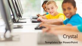  Presentation with computer room - Amazing presentation theme having multicultural children - group of happy elementary school backdrop and a lemonade colored foreground