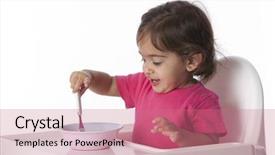  Presentation with baby girl christening - Beautiful PPT layouts featuring multicultural children - happy baby girl is eating backdrop and a coral colored foreground