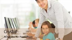  Presentation with elementary school career day and technology and black female teacher - PPT theme consisting of multicultural children - portrait of elementary school computer background and a coral colored foreground