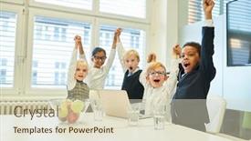  Presentation with multicultural - Cool new PPT layouts with multicultural-children-as-a-cheering backdrop and a soft green colored foreground