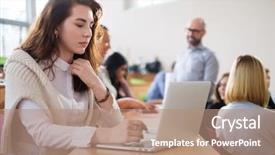  Presentation with multicultural - Slide set consisting of multicultural classroom - beautiful girl using laptop background and a coral colored foreground