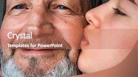  Presentation with elderly people and exercise - Presentation theme featuring multicultural family - granddaughter teenager kisses her elderly background and a coral colored foreground